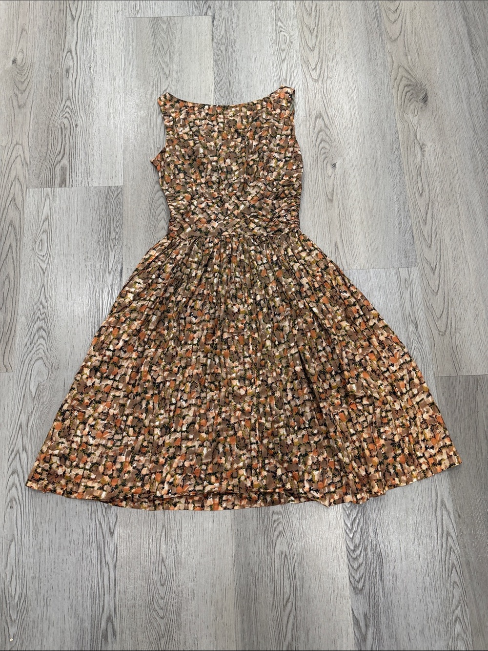 Vintage Sleeveless Pleated A-Line Dress in Autumn Print